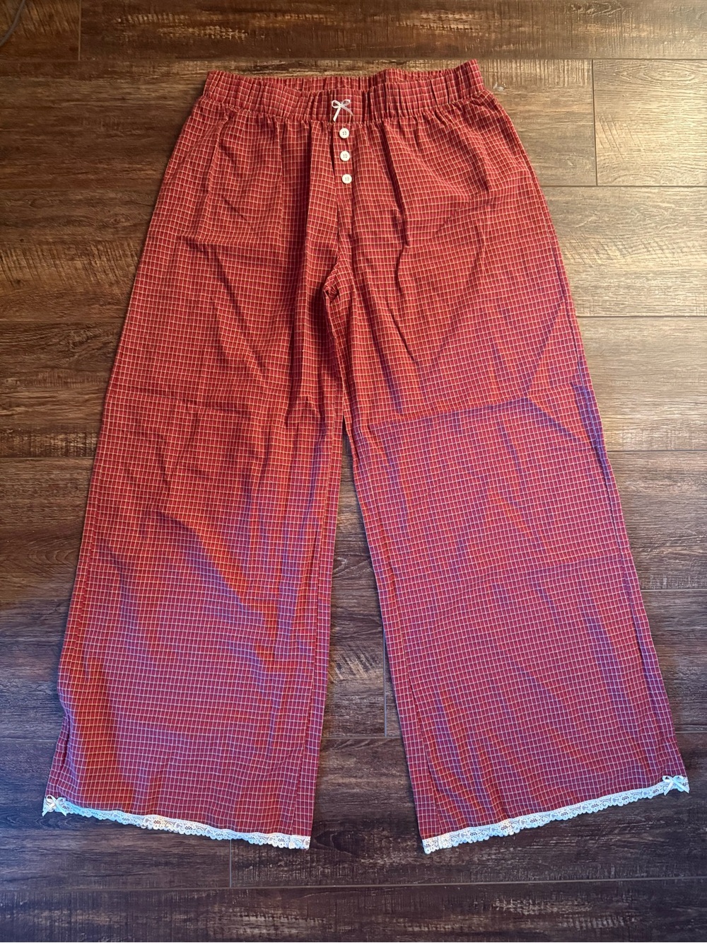 EDIKTED Red Plaid Pajama Pants w Lace trim